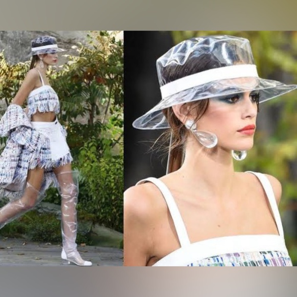 Chanel Runway CC Clear Rain PVC Clear Vinyl Wide-Brim Hat with Ivory Band - Picture 16 of 16